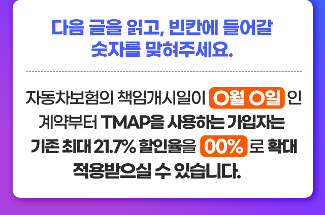 다음 글을 읽고, 빈칸에 들어갈  숫자를 맞혀주세요.  자동차보험의 책임개시일이  0월 0일 인 계약부터 TMAP을 사용하는 가입자는 기존 최대 21.7% 할인율을 00% 로 확대 적용받으실 수 있습니다.