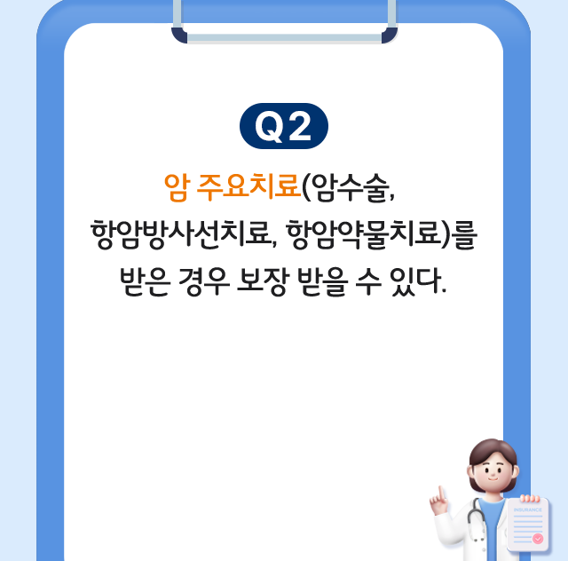 Q2. 암 주요치료(암수술, 항암방사선치료, 항암약물치료)를 받은 경우 보장 받을 수 있다.