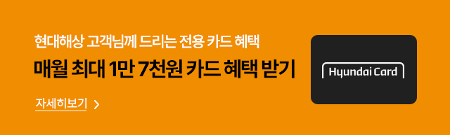 현대해상 고객님께 드리는 전용 카드 혜택. 매월 최대 1만 7천원 카드 혜택 받기. 자세히보기