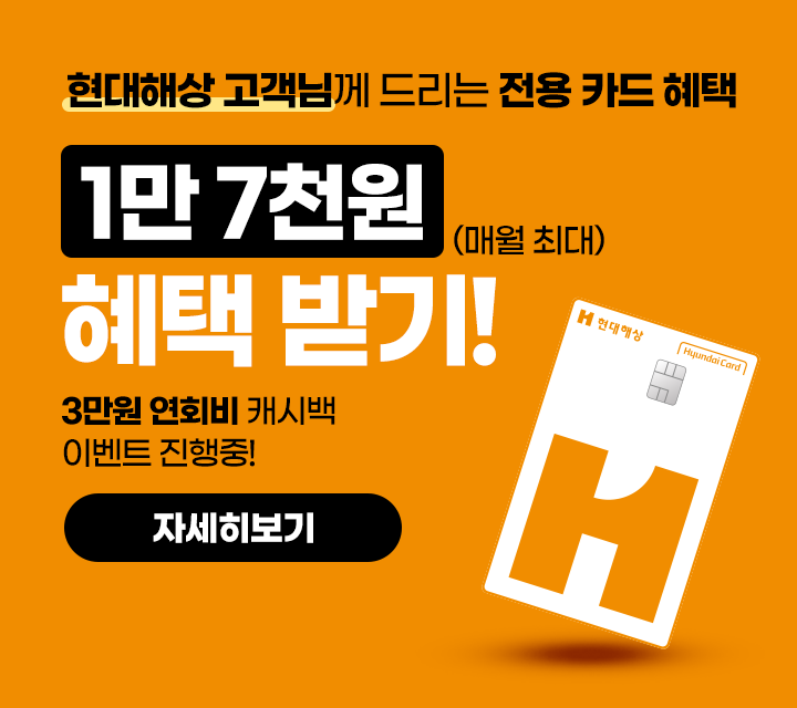 현대해상 고객님께 드리는 전용 카드 혜택 매월 최대 1만 7천원 카드혜택 받기 [이벤트 혜택] 3만원 연회비 캐시백 자세히보기