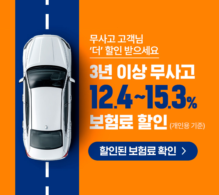 무사고 고객님 더 할인 받으세요! 3년이상 무사고 12.4%~15.3% 보험료 할인(개인용)
