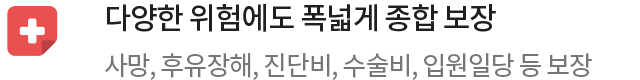 다양한 위험에도 폭넓게 종합 보장 사망, 후유장해, 진단비, 수술비, 입원일당 등 보장