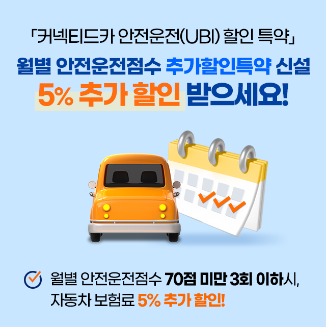월별 안전운전점수 특약 출시 안내. 월별 안전운전점수 특약 추가 5% 할인 받으세요! 월별 안전운전점수 70점 미만 3회 이하시, 자동차 보험료 추가 5% 할인!